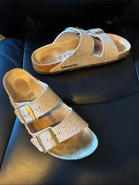 Birkenstock Two-Strap Sandals in Beige with Gold Buckles